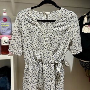 Floral Wrap Top - White and Blue